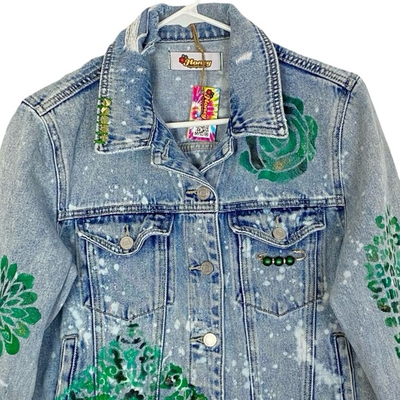 Handmade Jean Jacket Womens Small Denim Floral Mandala Blue Green Gold Upcycled - Picture 3 of 14